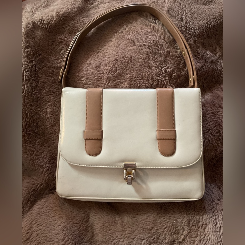 Vintage Mid-Century Modern Two-Tone Structured Handbag - Adjustable Snap Strap